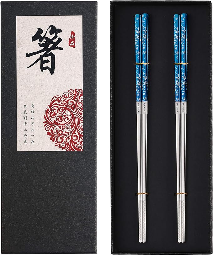 Titanium Plated Chopstick Stainless Steel Chopsticks Metal Chopsticks Reusable Dishwasher safe Premium Laser Engraved Chop Sticks for Eating 2 Pairs Gift Set Blue Silver