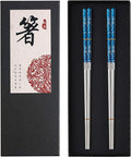 Titanium Plated Chopstick Stainless Steel Chopsticks Metal Chopsticks Reusable Dishwasher safe Premium Laser Engraved Chop Sticks for Eating 2 Pairs Gift Set Blue Silver