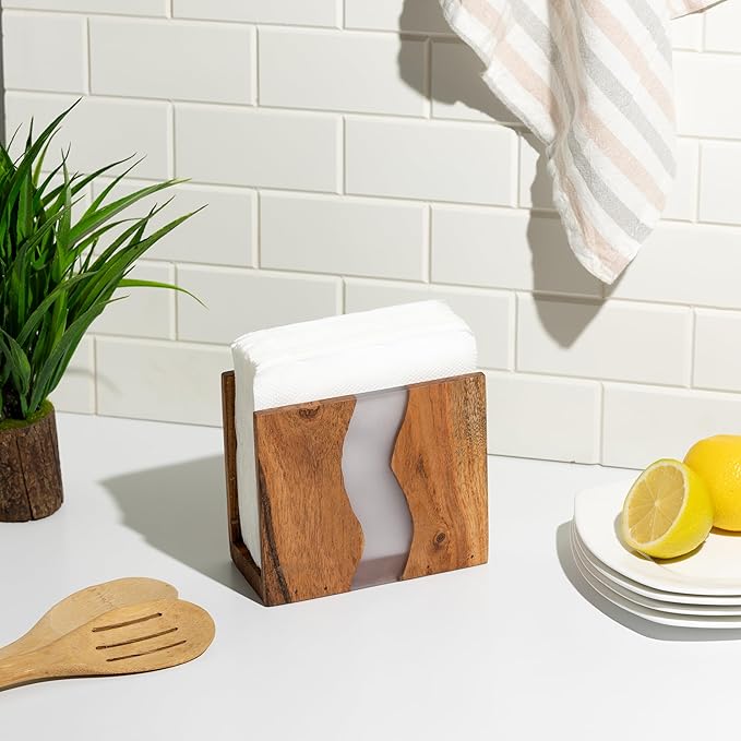 Acacia wood & Transparent Epoxy resin Napkin holder for table, Rustic farmhouse napkin organisation for kitchen, dining, counter tops, restaurant or outdoors | 6x5x2.5 inches|(Gray)