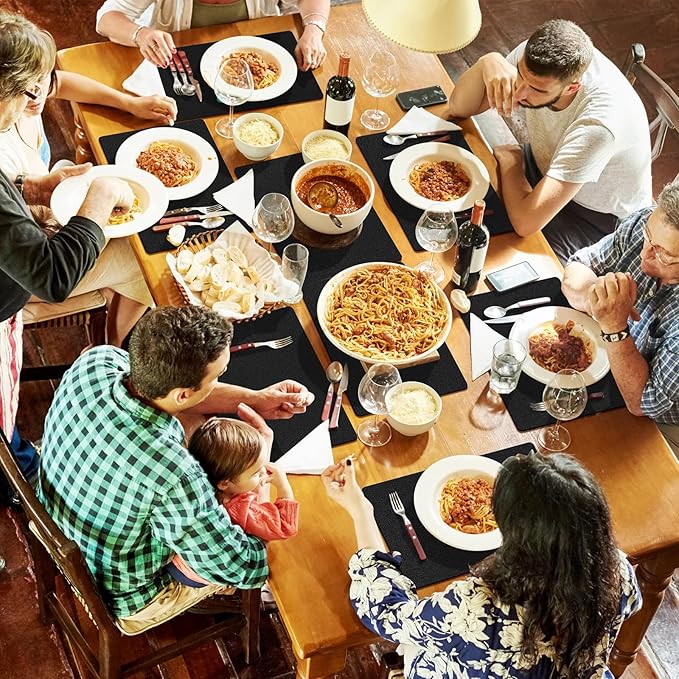 Placemats Set of 12 Washable, Heat Resistant Table Placemats Wipeable Faux Leather Place Mats Non Slip, Waterproof Square Table Mats for Indoor Outdoor, Black