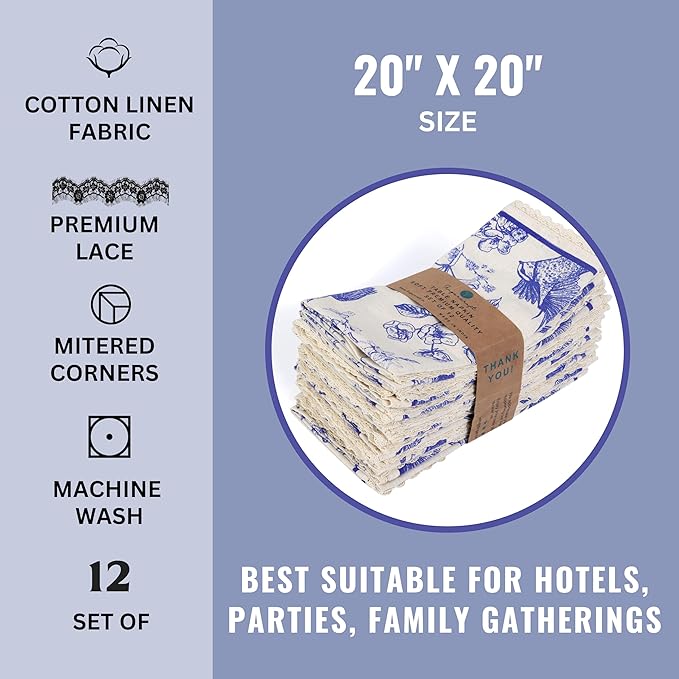 FINGERCRAFT Dinner Cloth Napkins Cotton Blend Set of 12 Blue Bird Premium Quality Mitered Corner with Natural Lace for Home Rastaurant Wedding Christmas Napkins Cloth 20 inch Toile Lace