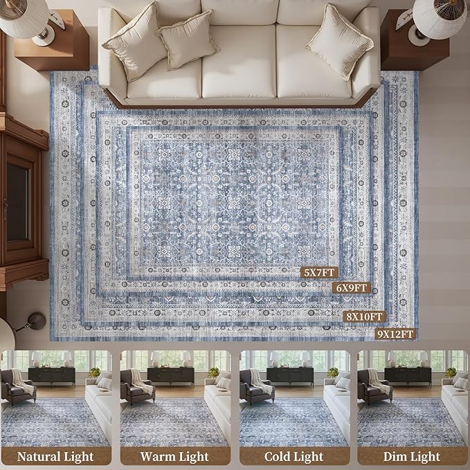 MontVoo-Vintage Area Rugs 8X10 Blue Rugs for Living Room-Soft Distressed Printed Rugs for Bedroom-Non Slip Carpet-Machine Washable Rug for Dining Room Living Room Bedside Office