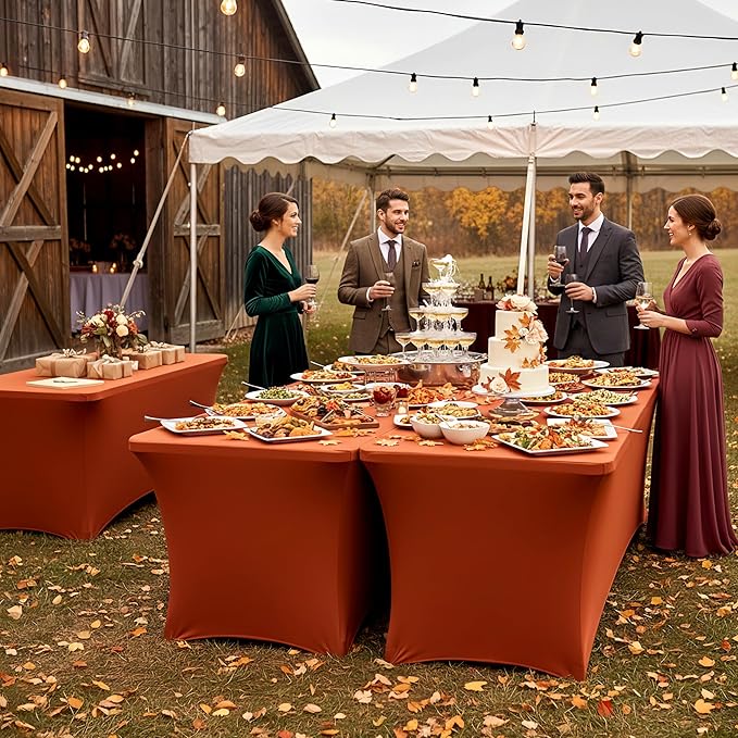 Spandex Table Cloths for 8 Foot Rectangle Tables-6 Pack Rust Fall Thanksgiving Fitted Stretch Table Covers-Elastic Tablecloth for Party, Vendor Booth Display, Banquet Event, Craft Trade Show