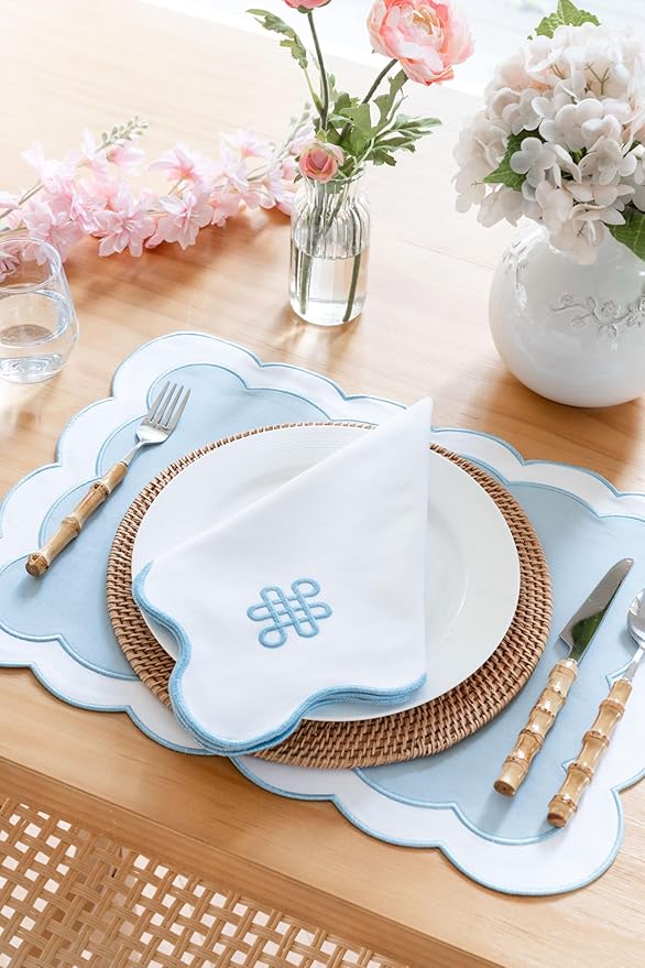 Hofdeco Premium Coastal Patio Indoor Outdoor Placemat Set of 4, 14"x19" Double-Layered, Waterproof Cloth Placemat for Kitchen or Dining Table. Baby Blue Embroidered Solid B