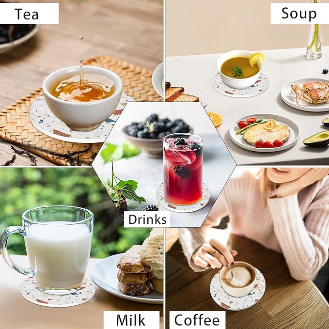 6 Pcs Terrazzo Ceramic Coasters with Holder Absorbent Drink Coasters,Modern Sandstone Round Ceramic Stone Coaster with Cork Base,Tabletop Protection Mat for Mugs and Cups,Office,Kitchen