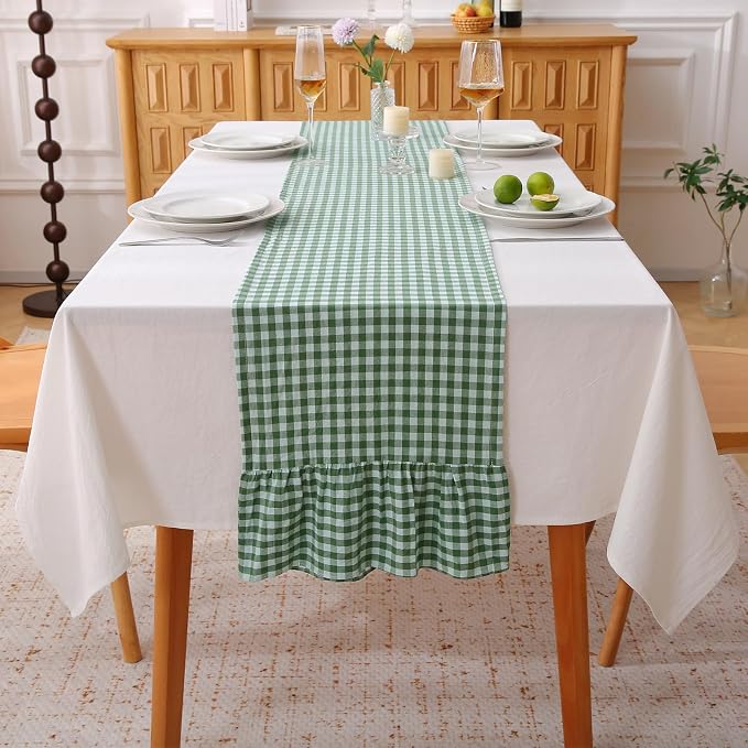 Christmas Green White Plaid Gingham Ruffle Table Runner 108 inches Long 100% by KMASANIJI