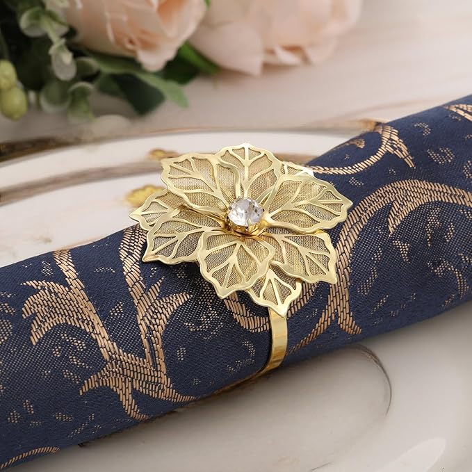 Hotop 100 Pcs Gold Napkin Rings Flower Napkin Holders Buckles Hollow Out Rhinestone Christmas Delicate Serviette Buckles for Thanksgiving Party Gathering Dinner Wedding Banquet Holiday Table Decor