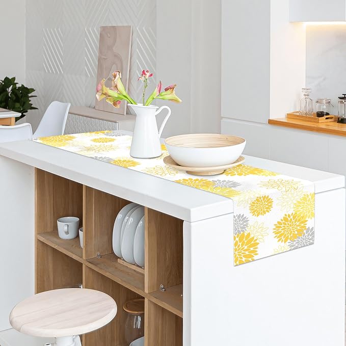 Dahlia Flower Table Runner 13x71 Inch Farmhouse Yellow Gray Runners Modern - Image 4