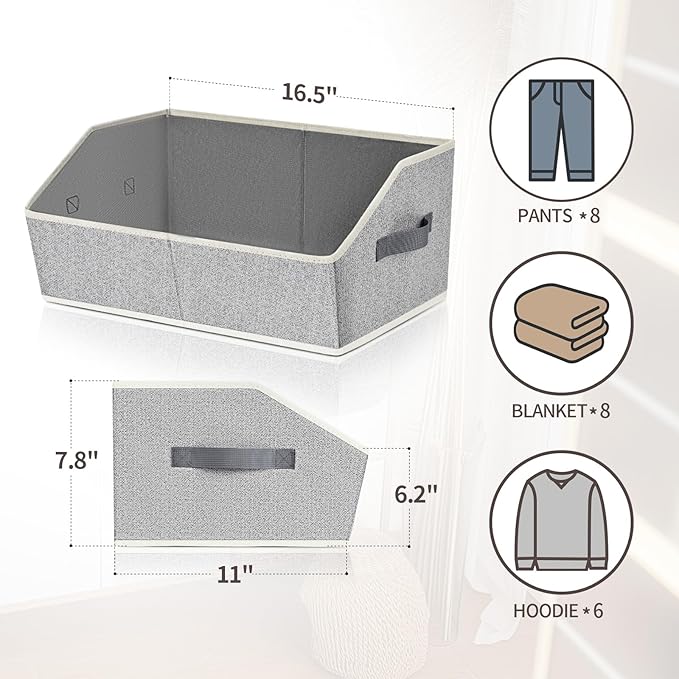Closet Baskets for Shelves Trapezoid - Decorative Storage Baskets with Handle, Closet Bins for Organization, Shelf Storage Bins for Clothes, Books, Home, Office, 10 Pack, Light Gray