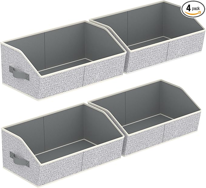 Storage Bins for Shelves - Large Trapezoid Closet Shelf Organizer, Fabric Organization Bins with Handles, Storage Baskets for Clothes, Towel, Purse, 4 Pack, Light Gray