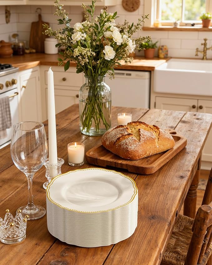 Hioasis 60PCS Ivory Plastic Plates - Ivory and Gold Disposable Dinnerware with Gold Rim, Heavy-duty, 7 inch, Dessert Plates for Party & Wedding