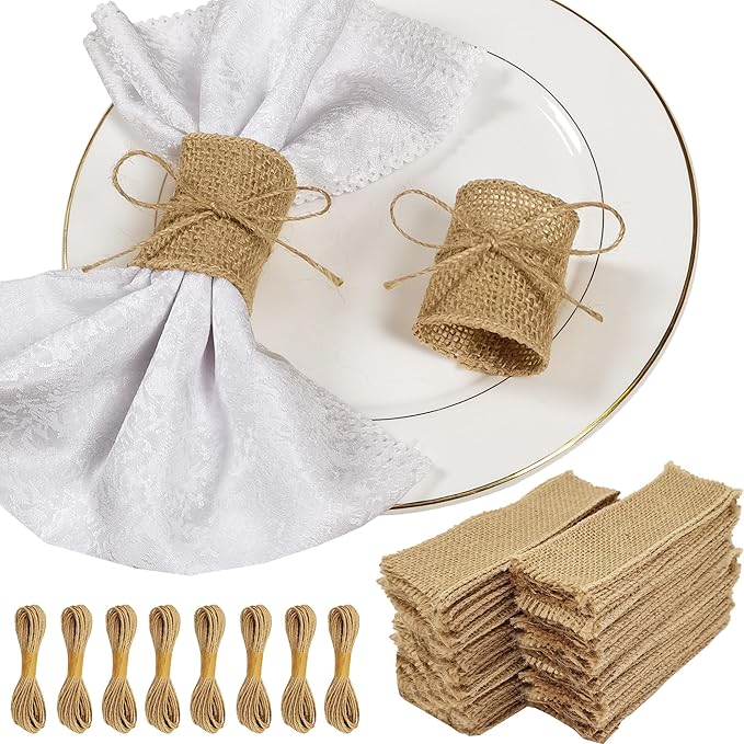 Natural Burlap Napkin Rings Set of 200 pcs with Jute Rope,Disposable Napkin Bands Bulk,Rustic Serviette Ring for Tables,Decorations,Wedding,Dinner,Country Party Decor