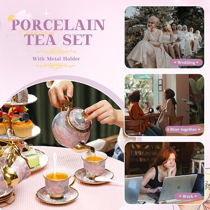 21 Pcs Ceramic Teapot Set Vintage Porcelain Tea Cups - Image 7