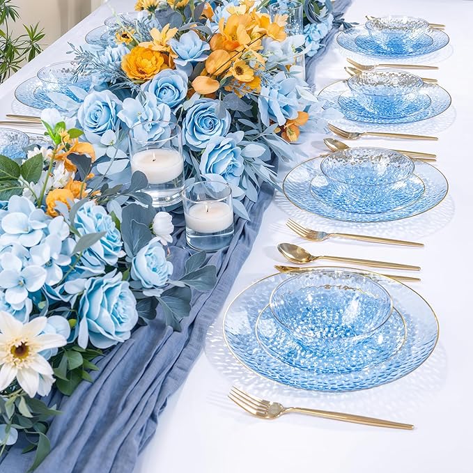 I00000 20 Pack 12 Ounce Blue Plastic Bowls Hammered Gold Rimmed Crystal Like, Heavy duty Disposable Bowl Set,Elegant Soup/Salad/Dessert/Ice Cream Bowls For Party, Weddings, Catering