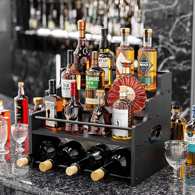 KLM 4-Tier Wood Display Shelf, Black Modern Bottle Organizer, Countertop Bar Stand for Liquor, Coffee Syrup, (Black)