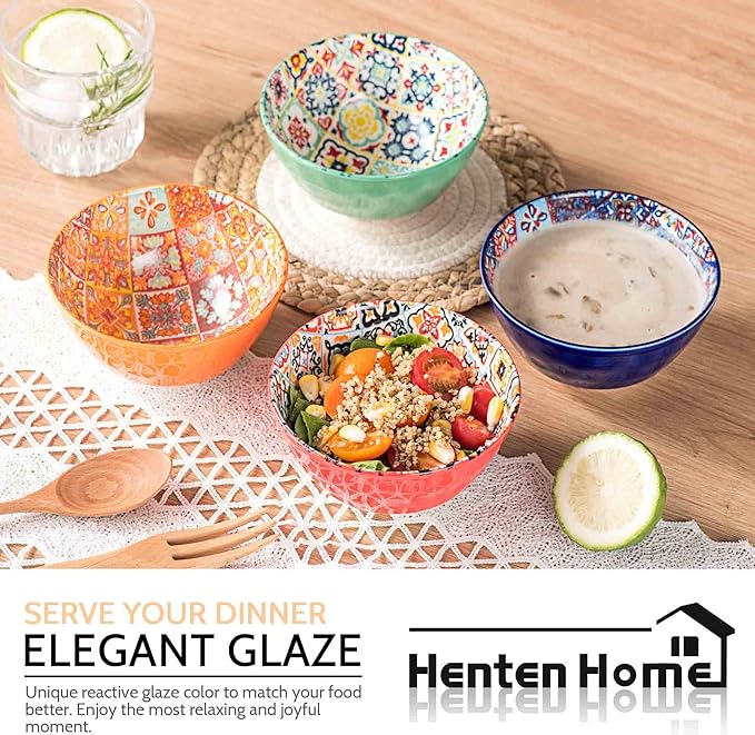 Henten Home Ceramic Small Bowls Set, 12 oz Soup Bowls Set of 4, Porcelain Snack Bowls Set for Salad, Rice, Ice Cream, Microwave & Dishwasher Safe Mosaic Style