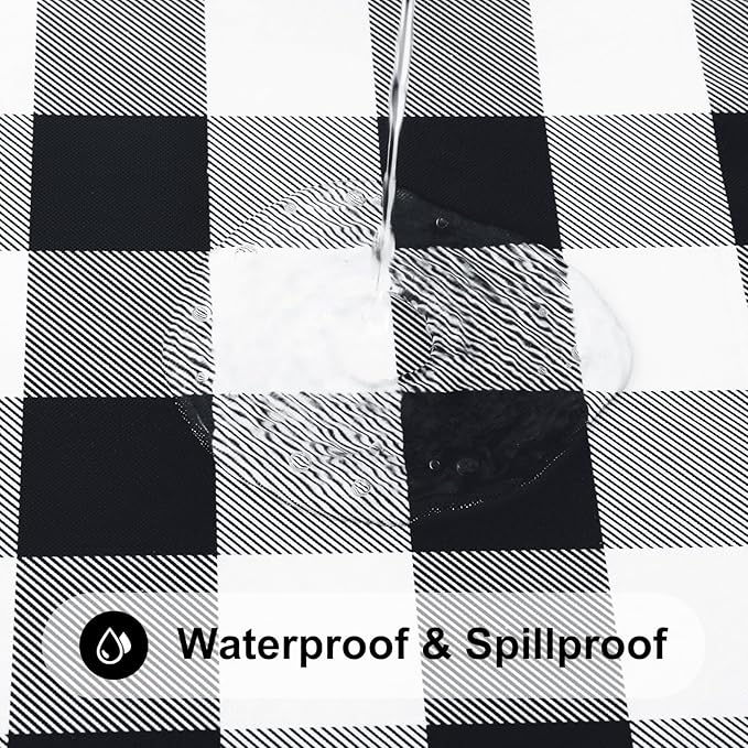 Smiry Rectangle Picnic Table Cloth, Elastic Waterproof Fitted Vinyl Tablecloths, Flannel Backed Buffalo Plaid Table Covers for Dining, Camping, Outdoor (Black and White, 30" x 96")