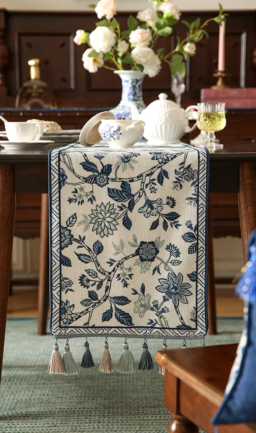 bilin gaier Designer French Linen Extra Long Table Runner, Floral Pattern - Image 6