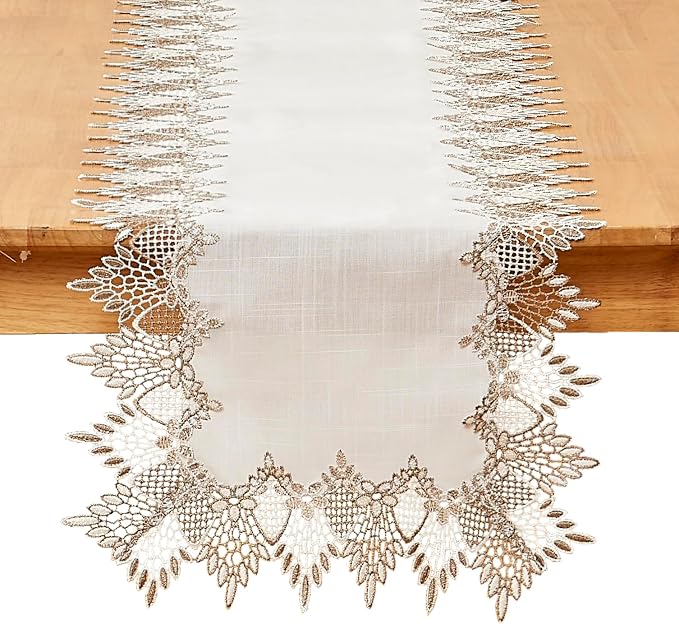 White Linen Table Runner 60” Lace Coffee Table Runners | French Dresser Runners by Raedan
