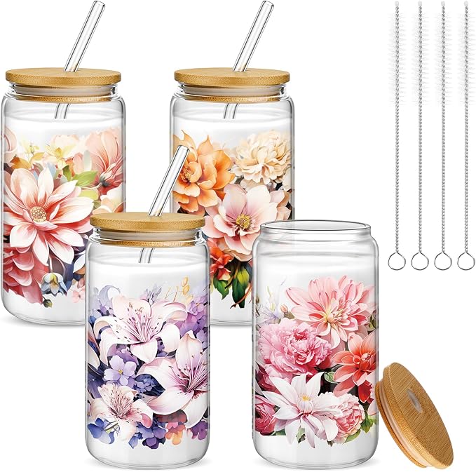 Mumufy 4 Pack Wildflower Glass Cups Gift Aesthetic Cute Glass Cup Tumbler by Mumufy