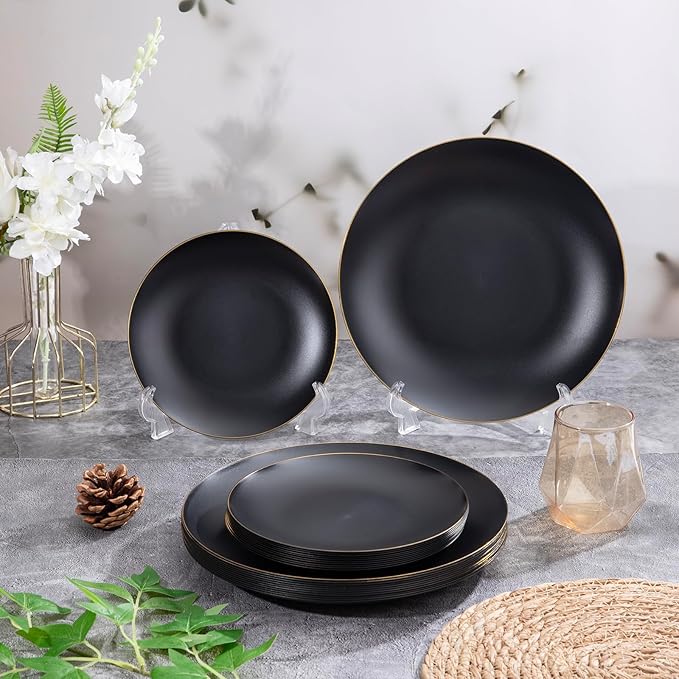 EI enjonirinjonir 80pcs Black and Gold Dinner Plates Disposable 10.25inch,Plastic Party Plates with Gold Rim,Black Plastic Matte plate Frosted Disposable Heavy Duty,Elegant for Wedding/Tea Party