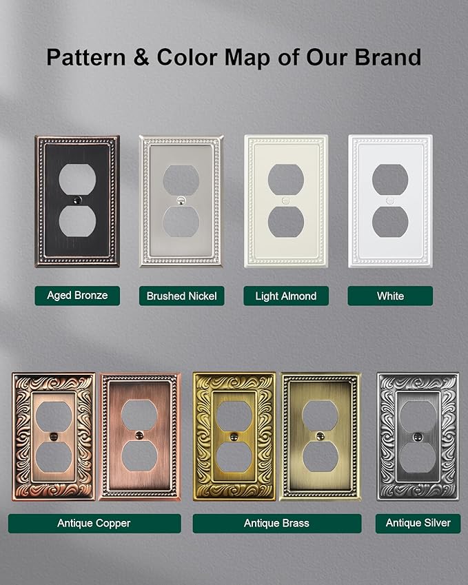 6-Pack Duplex Outlet Cover Plate, Aged Bronze Metal Wall Plates for Electrical Outlets, 1 Gang Receptacle Light Switch Cover, Pearls Decorative Switch Plates and Outlet Covers