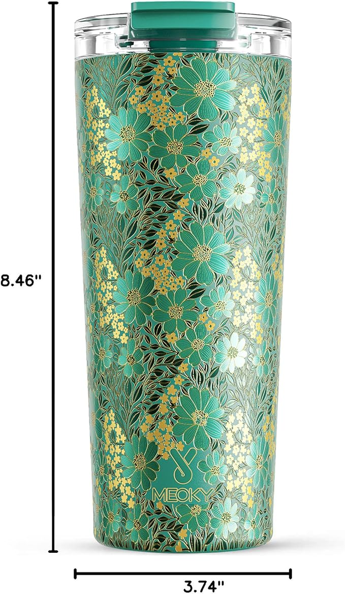 Meoky 24 oz Insulated Travel Coffee Mug: Leak Proof Lid, Emerald Bloom | - Image 3