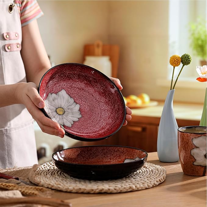 Maxdot Ceramic Dinner Plates Set of 6, 8.5 Inch Underglaze Painting Salad Plates, Glazing Process Floral Ceramic Gift Dishes for Steak Salad Pasta Appetizer, Microwave, Oven and Dishwasher Safe