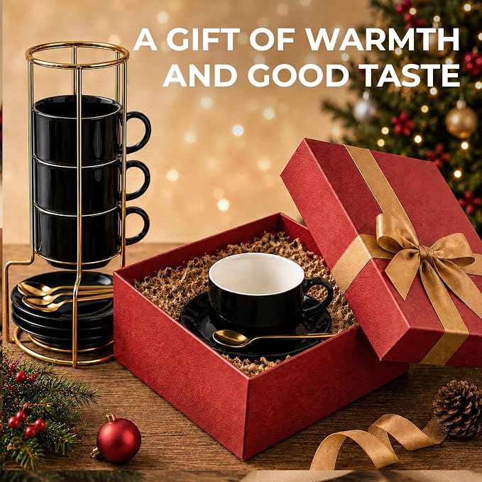 3 Ounce Espresso Cups Set of 4, Includes Display Stand, Coffee Cups Saucers - Image 7