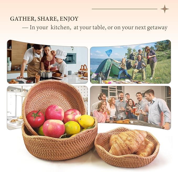 Rattan 10" Medium Wave Bread Basket for Fruit, Natural Wicker Fruit Basket for Kitchen Counter, Hand Woven Wicker Food Baskets, Bread Baskets for Serving, Gift Basket for Gifts, Vegetable, Snack, Etc.