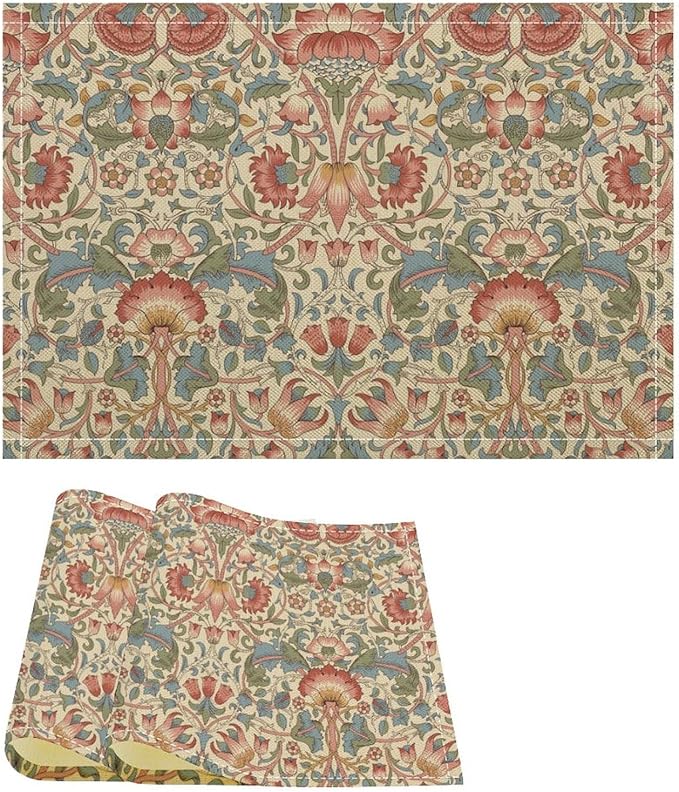 William Morris Placemat Set, Beige Blue Pink Retro Rustic Art Exotic Ethnic Lotus Floral Seamless Pattern Home Decor Linen Table Mats for Dining Room Kitchen Party (17x12in) x2P