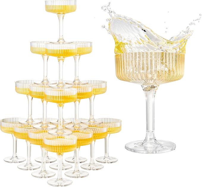 Khen Acrylic Champagne Tower | Set of 20 | 7 oz Stackable Unbreakable Coupe by Khen