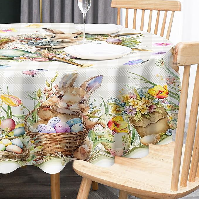 Easter Tablecloth 60 x 104 Inch Rectangle, Easter Bunny Table Cloth Buffalo Check Plaid Kitchen Table Cover for Dining Room Spring Oblong Tablecloth Indoor Decor