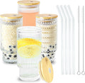 Glass Cups with Lids and Straws 16 oz Vintage Drinking Glasses Set | Embossed by ICESIP