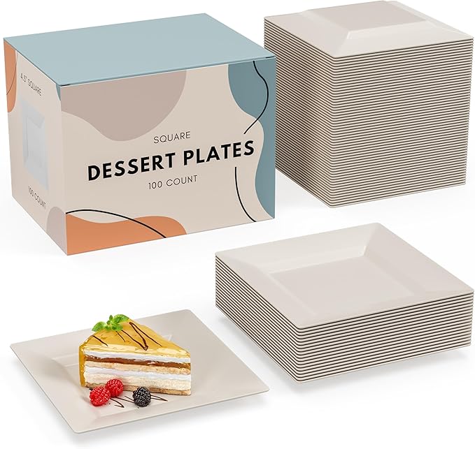 Exquisite Mini Disposable Appetizer Plates - 100 Pack 4.5 In. x 4.5 In. Ivory Plastic Dessert Plates - Elegant Design for Weddings, Birthdays, and Formal Parties - Stackable and Convenient - BPA Free