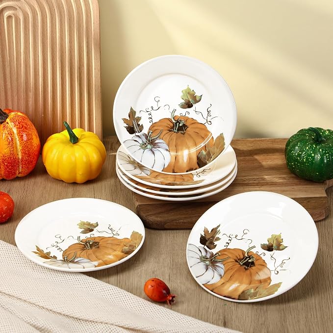 Honeydak 6 Pcs 6 Inch Fall Plates Pumpkin Ceramic Thanksgiving Salad Plates So - Image 3