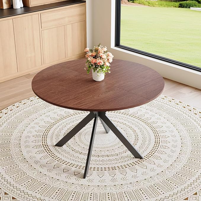 Round Dining Table Set for 6｜42"-54" Extendable Dining Room Table Set｜Wooden Kitchen Table with 6 Chairs｜Mid Century Modern Dinner Table Set with Cross Legs｜Easy Assembly｜Space Saving