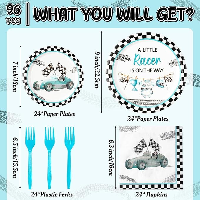 96Pcs Race Car Baby Shower Party Plates Supplies A Little Racer Is On The Way - Image 2