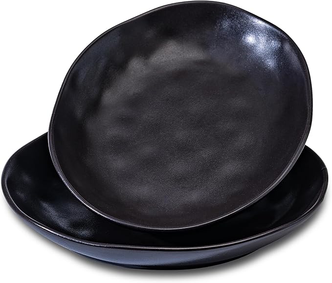 Ceramic Bowls Set of 2, Handcrafted Ceramic Plates Set | 10" Oval Serving Dishes Bowls | Large Serving Bowl Wide Shallow Bowl for Pasta, Salad, Cereal, Soup & Microwave & Dishwasher Safe, Matte Black