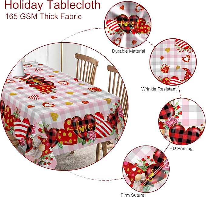 Valentines Day Tablecloth, Valentines Tablecloth Rectangle 52 x 70 with Red Heart and Roses, Valentines Oblong Table Cloth Gnome Holiday Kitchen Table Cover for Dining Room Indoor Decor