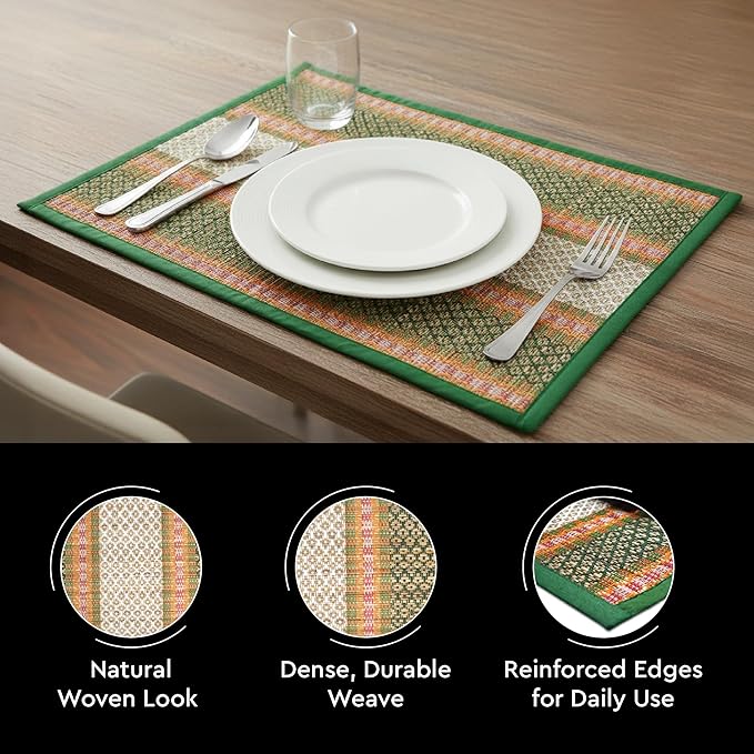 Encasa XO Woven Green Placemats Set of 4 – 12" x 17" | Handwoven Madurkathi Grass Table mats for Dining Table, Kitchen & Outdoor Decor | Durable & Heat‑Resistant