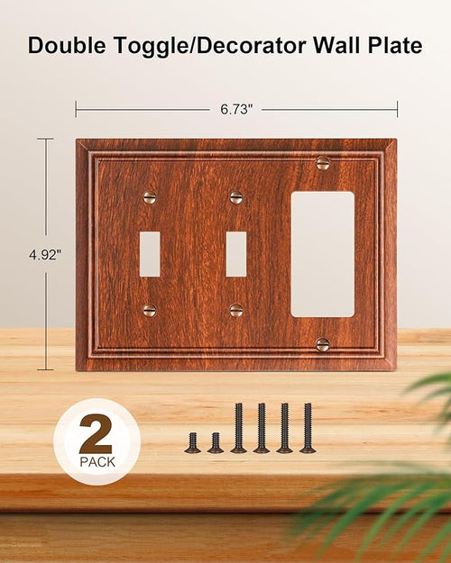 2-Pack Combo Double Toggle/Decorator Outlet Cover Plate, Wood Grain Decorative Switch Plates and Outlet Covers, Durable Natural Bamboo Fiber Wall Plates for Electrical Outlets, Receptacle, GFCI Outlet