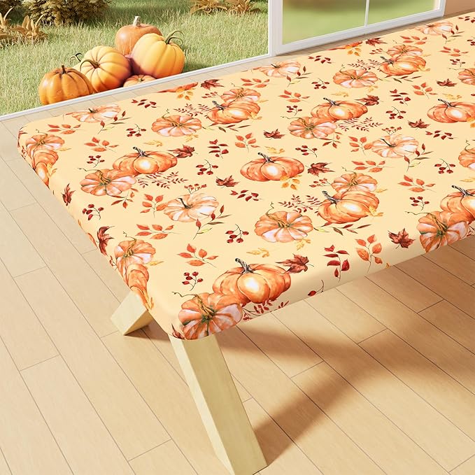 Smiry Rectangle Thanksgiving Table Cloth, Waterproof Elastic Fitted Tablecloths for 8 Foot Tables, Washable Polyester Table Cover for Autumn Harvest Parties (Pumpkin Leaf, 30"x96")