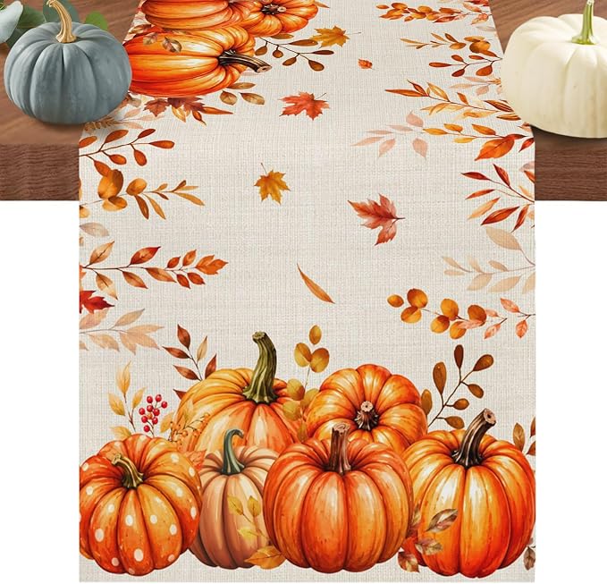 Orange Pumpkins Table Runners 72 Inches Long, Fall Thanksgiving Cotton Linen by Edwiinsa