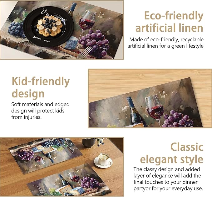 Wine Placemats, Red White Grapes Wooden Placemats 12x18 Inch Waterproof Non-Slip Washable Table Mats for Kitchen Dining Party Table Decor,Set of 6