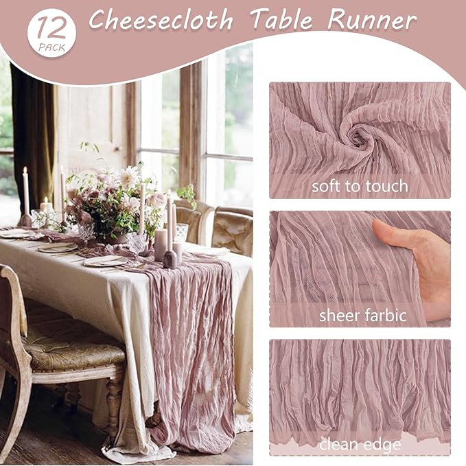 12 Pack 13Ft Cheesecloth Table Runner 35x157 Inch Boho Gauze Cheese Cloth Long Rustic Table Runner for Wedding Bridal Shower Birthday Party Table Decor (Dusty Pink)