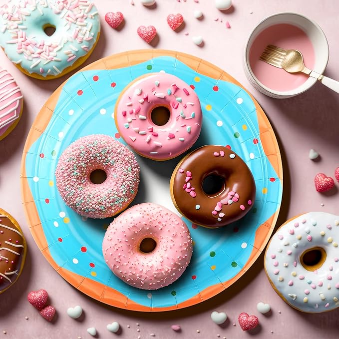 Huwena 100 Pcs Donut Paper Plates 7" Disposable Donut Party Plates Colorful Cute Serving Trays Snack Platter for Theme Birthday Assorted Designs Party Supplies