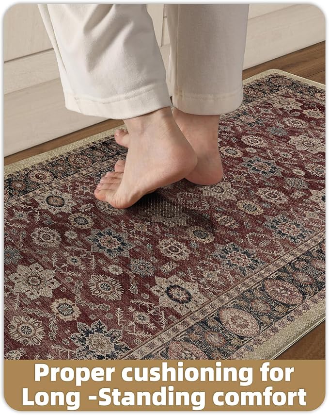 Color&Geometry Anti Fatigue Kitchen Mats for Floor 24x87, Vintage Decor, Easy Clean, Waterproof & Oil Proof, 0.4" Thick Cushioned, Non-Slip Kitchen Runner Rug for Sink, Laundry, Office, Deep Russet