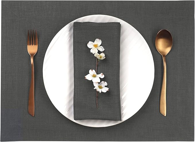 D'Moksha Homes Linen Charcoal Grey Placemats Set of 6-100% Pure Linen Placemats 14 x 19 Inch for Spring, Easter - Handcrafted and Machine Washable
