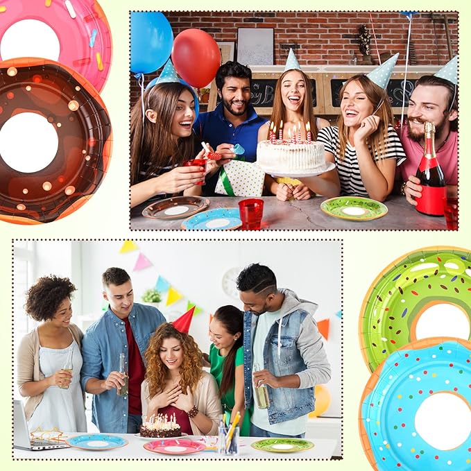 Huwena 100 Pcs Donut Paper Plates 7" Disposable Donut Party Plates Colorful Cute Serving Trays Snack Platter for Theme Birthday Assorted Designs Party Supplies